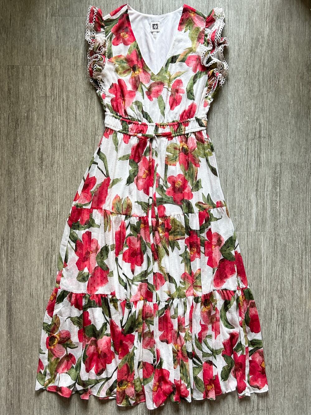 Anne Klein White Red Green Floral Short Sleeve Tier Long Maxi Dress Size Medium